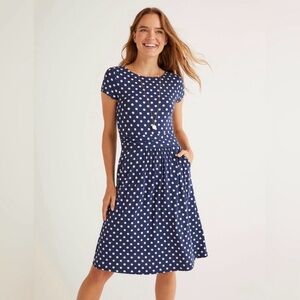 Boden Amelie Jersey Blue and White Polka Dot Dress